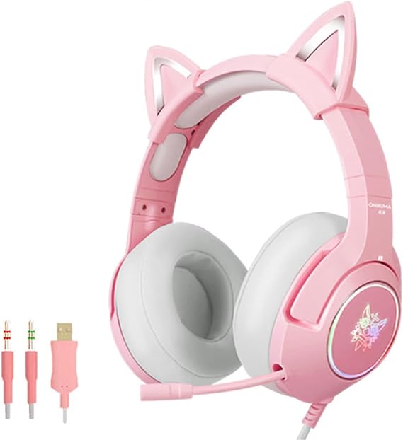 Cat Ear Headset, Pink Gaming Headset with Microphone, Detachable Cat Ears, Surround Sound and Retractable Noise Reduction Light, Suitable for All Girls’ Headsets