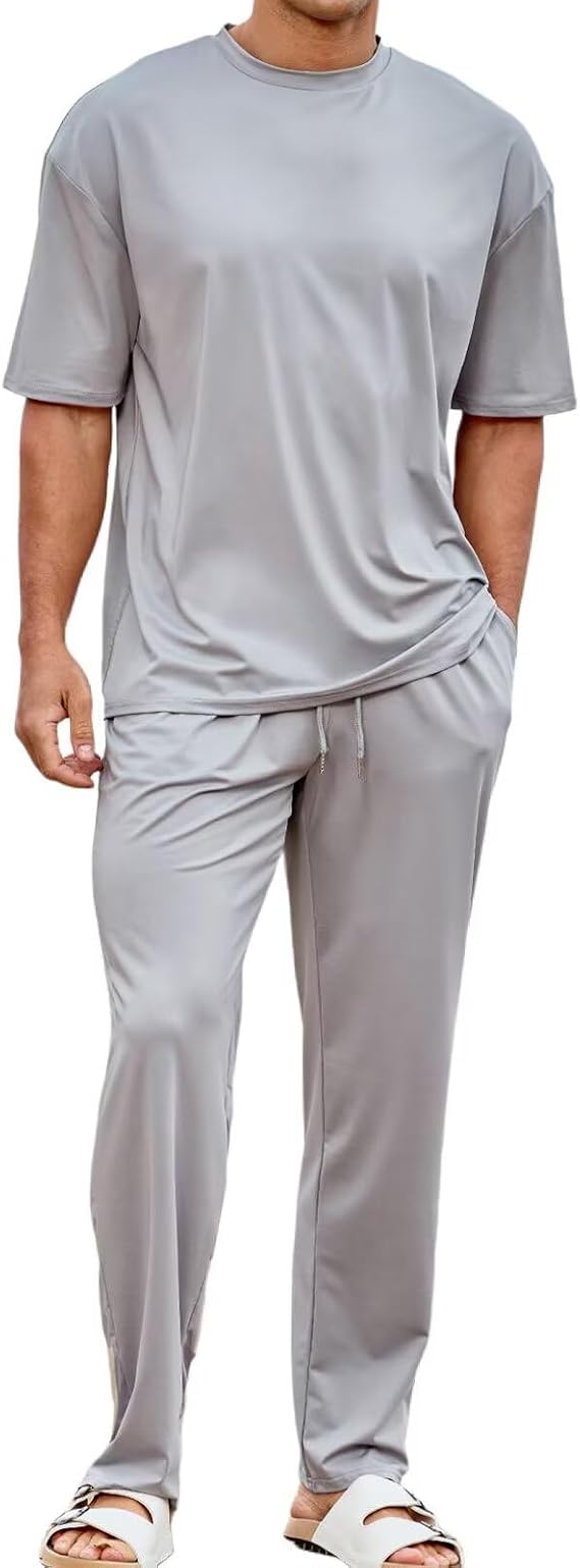 Lexiart Mens Cool Oversize Tall Pajama Set Loungewear T-Shirt and Pants Casual 2 Piece Outfits with Pockets M-3XL