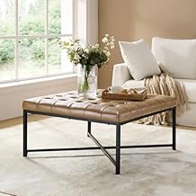 HULALA Home Upholstered Coffee Table with Leather Padded Seat, Button Large Square Ottoman with Black Metal Frame, Genuine Leather Camel