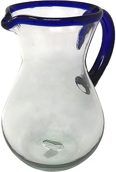 Unknown1 Dos Mexican Hand Blown Glass Pitcher Cobalt Blue Rim and Handle (84 Oz)