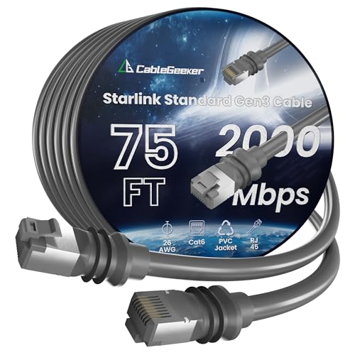 CableGeeker 75FT Starlink Gen 3 Cable, Waterproof Replacement Ethernet Wire for Standard Gen 3 Dish & Router, Outdoor Rated Cat6 with Gold-Plated Connectors 23M, Grey