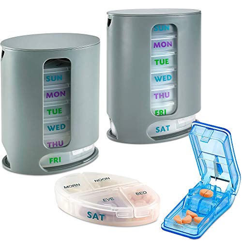 Weekly Pill Organizers with Pill Cutter Splitter Pack of 2 4 Times a Day Weekly Medication Dispenser Reminder, 7-Day Stackable Compartments - Morning, Noon, Evening, and Bedtime, Grey