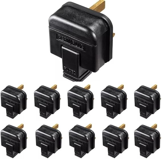 Heavy Duty Rubber 3 Pin Plugs, UK Plug 13A [Black], Rewireble Permaplug, Manufactured to BS1363-2, Pack of 10