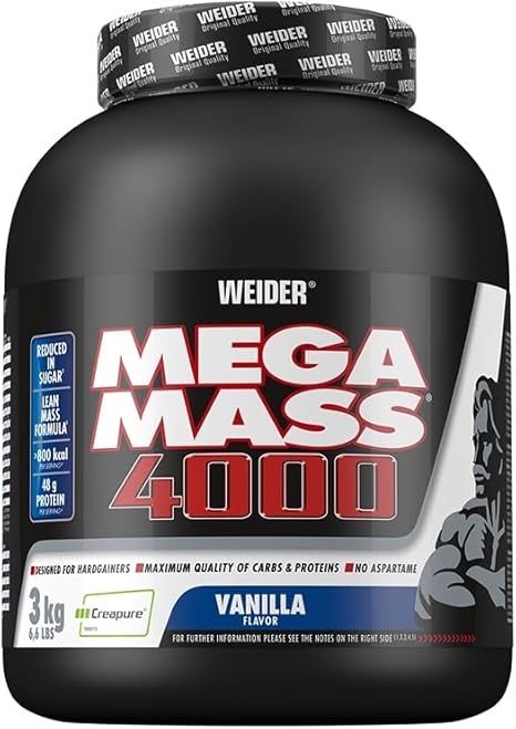 WEIDER Mega Mass 4000 Weight Gainer Shake for Growth Vanilla with Protein Creapure Creatine Monohydrate Complex Carbohydrates Vitamins and Minerals – Muscle Building Shake 3 kg