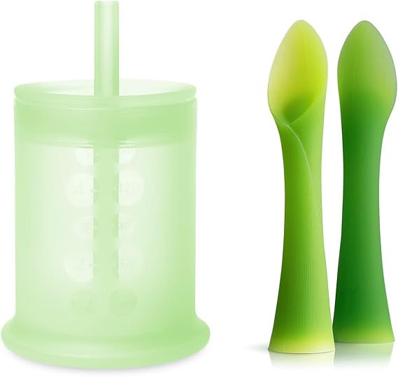 Olababy 100% Silicone Training Cup with Straw Lid (Kiwi) and Training Spoon Set Bundle