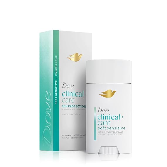 Dove Clinical + Care Antiperspirant Deodorant Stick, Soft Sensitive, 2.6 oz | 96H Clinical Strength Sweat & Odor Protection, With Nourishing Serum, Soft Sensitive with Fresh Scent