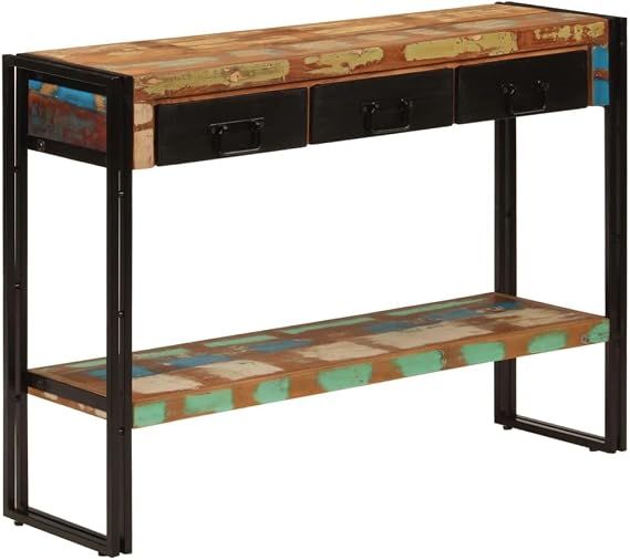 Industrial Console Table with 3 Drawers, Solid Reclaimed Wood and Metal Frame for Entryway Storage, Vintage Finish Hallway Sofa Table with Ample Shelf Space, Easy Assembly
