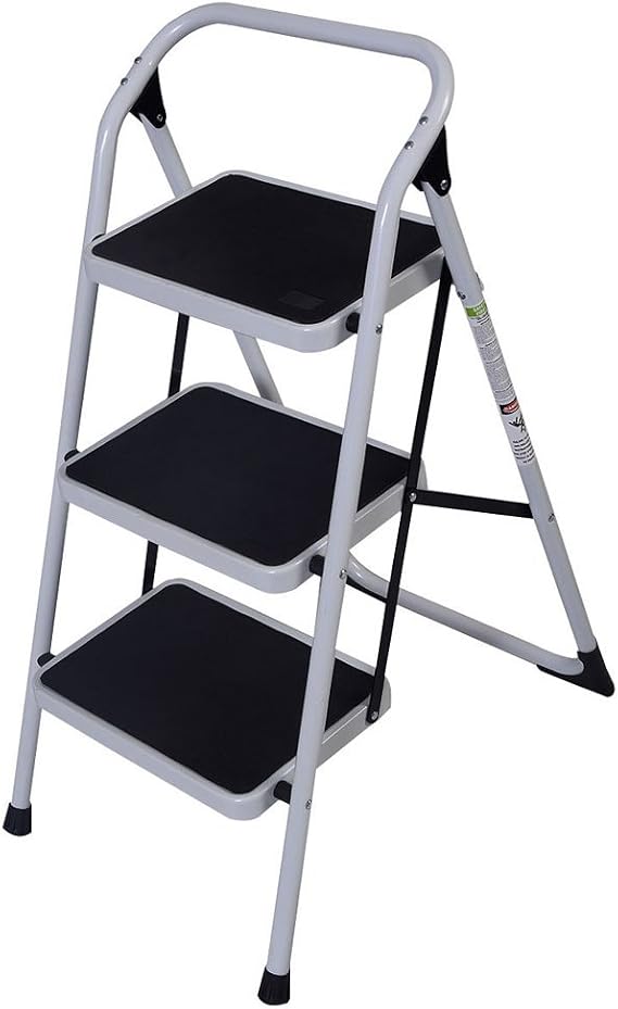 3 Step Ladder, Iron Handrail, 330lbs Sturdy Steel Ladder, Portable Step Stool, Black