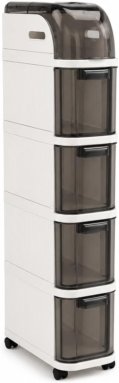 Pro Slim Tekerlekli Organizer Dolap, 4 Çekmeceli Dar Alan Depolama Ünitesi, Banyo, Mutfak ve Çamaşır Odası İçin Çok Amaçlı Aralık Dolabı, 95x20x38,5 cm