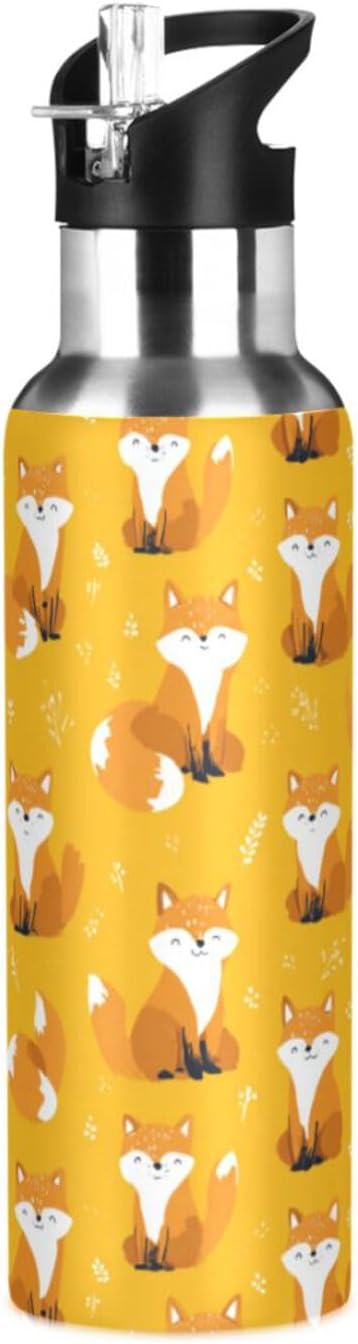 Kcldeci 20oz Vacuum Double Wall Sports Water Bottle Cute Fox Insulated Stainless Steel Water Bottle with Straw for Sports, Travel, Office Use