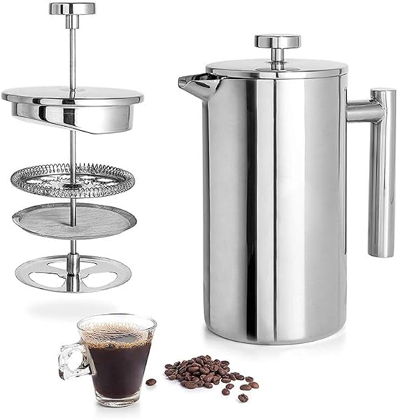 Cafetiere, 2 Cup Stainless Steel French Press Coffee Maker, 350ml/11.8oz Coffee Press with 3 Level Filtration System, Double Walled Insulated Stainless Steel Cafetiere with Plunger