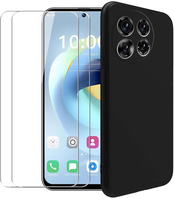 Case for Tecno Spark 30 Pro 4G + [2 Pack] Glass Screen Protector Tempered Film - Transparent Silicone Soft Flexible Bumper Shockproof TPU Protective Cover Shell (Black)