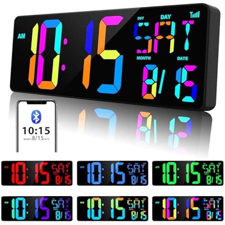 XREXS Large Digital Wall Clock Bluetooth Sync, 17.2 RGB Color Changing Digital Clock with Remote Control, Adjustable Brightness Grandfather Clock, Temperature for Home, Gym and Classroom