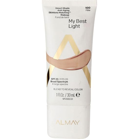 Almay Anti-Aging Foundation, Smart Shade Face Makeup, Medium Coverage, Natural Finish with SPF 20, Hypoallergenic-Fragrance Free, Dermatologist Tested, 100 My Best Light, 1 Oz