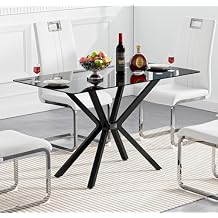 47.24" Black Glass Dining Table for 4, Rectangular Kitchen Tabe with Black Metal X-Shaped Legs, Modern Sturdy Dinner Table for Dining Room Home Apartment Outdoor