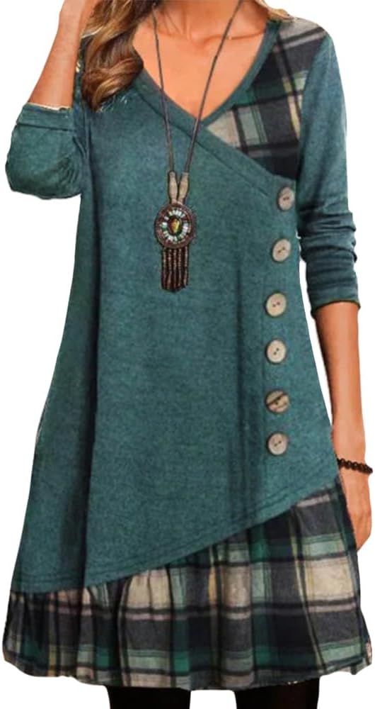 ZOCAVIA Women's V Neck Plaid Dress Long Sleeve Patchwork Dress Cute High Waist Midi Dress Casual Button Tunic Dresses
