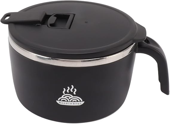 Ramen Bowl, 900ml Double Wall Stainless Steel Rapid Noodle Cooker with Drains, Lid and Handle, Mobile Phone Holder, Ramen Soup Bowl for Noddles, Office College Dorm Room Cooking (black)