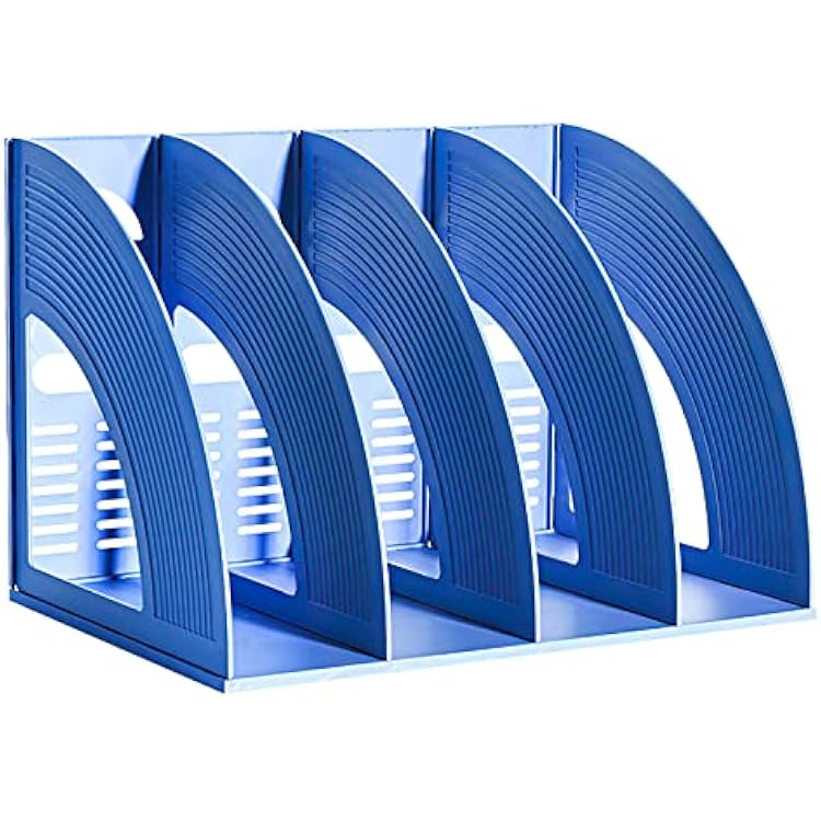 SAYEEC File Holder Storage Folder 4 Compartment Standing Desktop Hollow Organizer Blue Files Shelf Frame Thicken Plastic Paper Notebook Magazine Bookstore for Office School Supplier Students