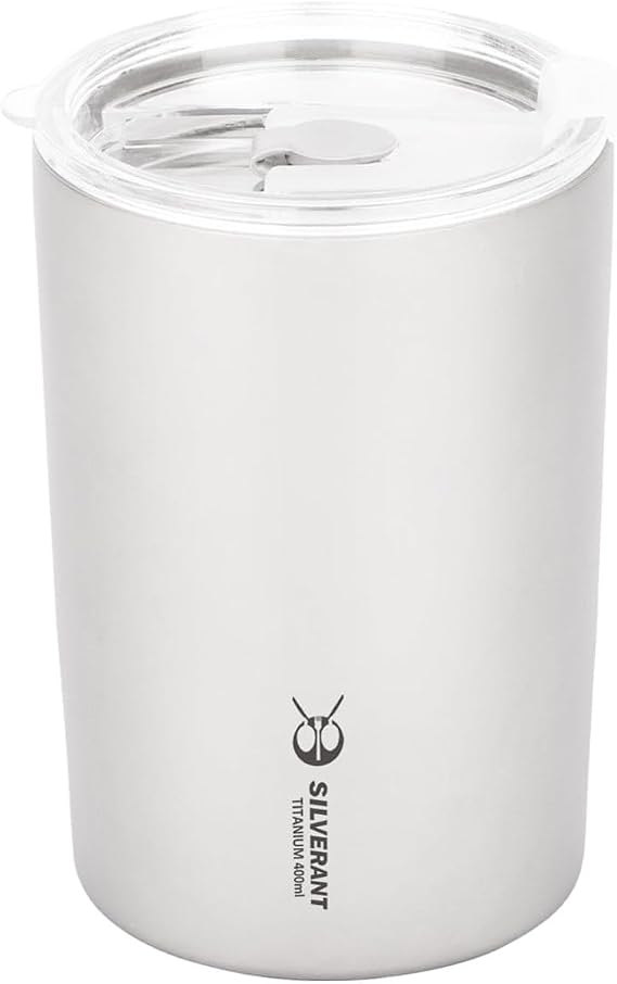 SILVERANT Titanium Ultralight 400ml/13.53 fl oz Double Wall Coffee Cup With Titanium Straw & Drawstring Case