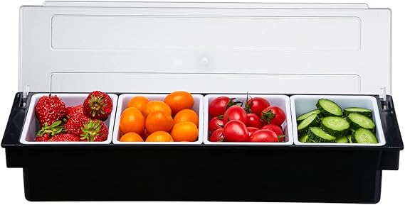 Ice Cooled Condiment Serving Container-4 Compartment Chilled Garnish Tray Bar Caddy with Hinged Lid (4 Compartments)