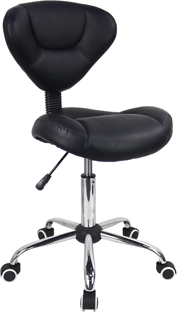 WKWKER Ergonomic Rolling Stool With Thick Cushion PU Leather Height Adjustable Swivel Stool For Work SPA Salon Tattoo With Back (Black)