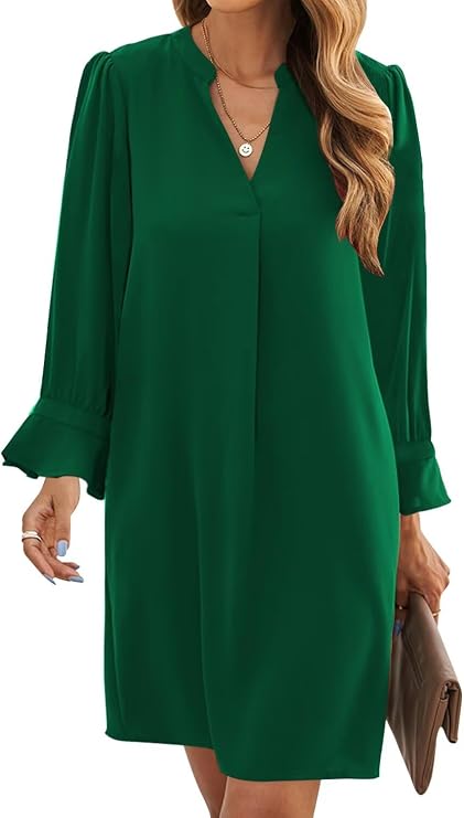 Wkior Fall Dresses for Women Cute V Neck Loose Cute Casual Long Sleeve Shift Dress Dark Green M