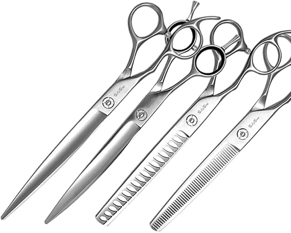 7 inch Professional Pet Scissors 4PCS Set Left Hand VG10 Steel Straight/Curved/Thinning and Chunker Shears for Dog Grooming,Thinning Rate 25-45%