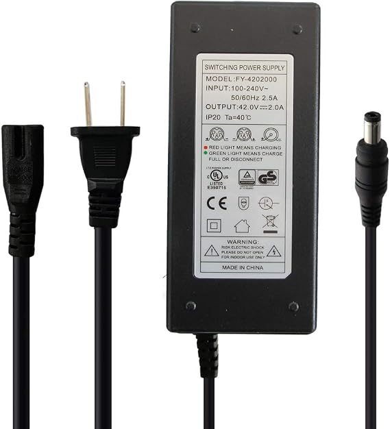 UL 42V 2A Charger Power Supply Adapter for 10S 36V Lithium Li-ion Battery Pack with DC 5.5 x 2.1mm