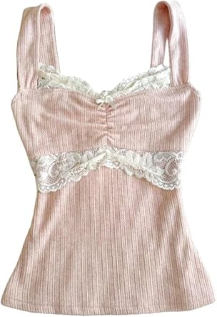 Fairy Grunge Tank Tops Women Vintage Lace Trim Ruched Cami Shirt Polka Dot Slim Fit Aesthetic Coquette Clothes