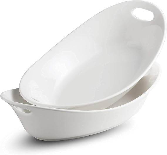 YHOSSEUN Large Serving Bowl with Handles Set Oval Serving Platter 1.5 Quarts Set of 2 White