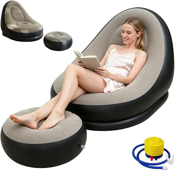 Inflatable Sofa, 2-Piece Inflatable Lounge Chair & Footstool, Blow Up Sofa with Foot Pump for Bedroom, Living Room, Garden & Outdoor Camping Relaxing Gaming (125x105x100cm)