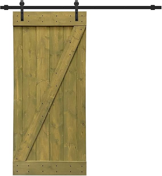 TMS Z Bar Stained Solid Knotty Pine Wood Interior Sliding Barn Door with Sliding Hardware Kit (84" X 36", JUNGLE GREEN)