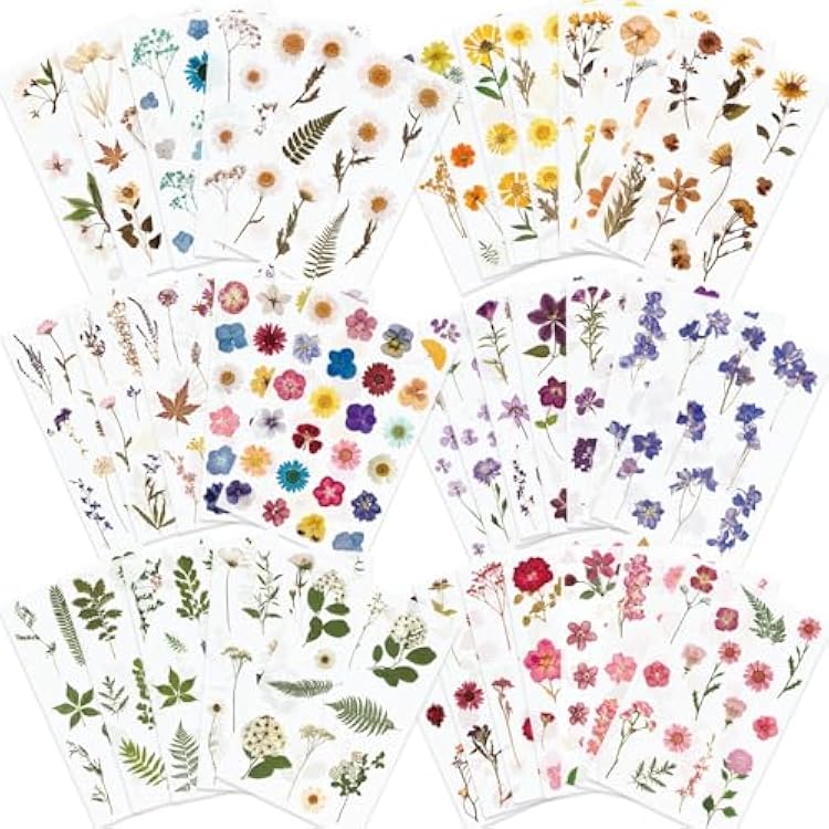 Knaid Pressed Flower Themed Stickers Assorted 486 Pieces, 36 Sheets Dried Floral Resin Stickers Decals Botanical Journaling Sticker for Scrapbook Supplies Junk Journal Bullet Journal Planner Laptop