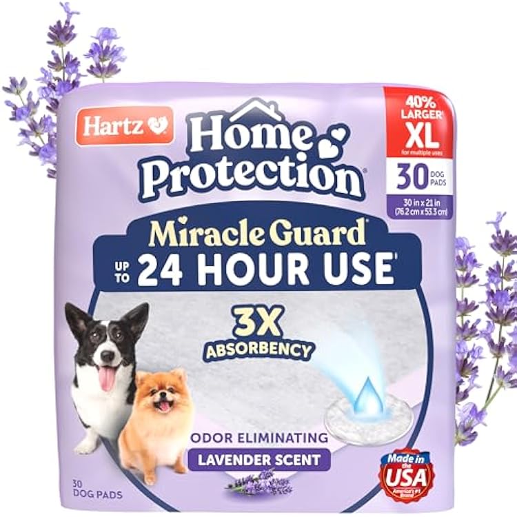 Hartz Miracle Guard Dog and Puppy Dog Pads Max Absorbency 24 Hour Use Odor Eliminating Lavender Scented No Leaks, X-Large Size 30 Count