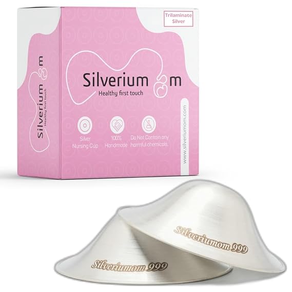 Silveriumom The Original Silver Nursing Cups - Nipple Shields for Nursing Newborn - 100% Pure Silver 999 Silver and Handmade - Nipple Covers Breastfeeding (Trilaminate Silver XL)