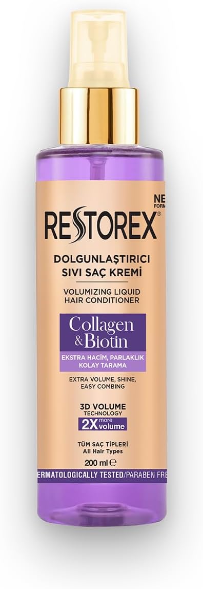 Restorex Collagen & Biotin Sıvı Saç Kremi – Durulanmayan, Dolgunlaştırıcı Etki, Kolajen & Biotin İçerikli, Anında Tarama & Parlaklık, 200 ml