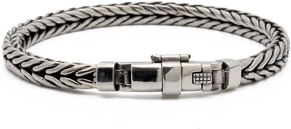 Silver KYASYA Men's 925 Silver Chain Bracelet, Silver, Engraved, Braid, Mesh, Simple, Thick, Hypoallergenic, Silver Metal
