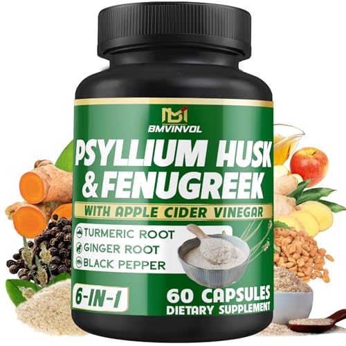 BMVINVOL Psyllium Husk Fiber Supplement t with Fenugreek, Apple Cider Vinegar, Turmeric, Ginger, Black Pepper- Digestion Health Support - 60 Capsules