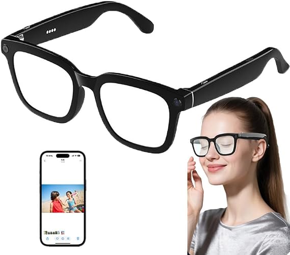 Ai Shooting Smart Glasses, Smart Bluetooth Glasses with HD 500w Pixels Camera, Office Assistant/Voice Assistant/Picture Recording Identify Objects/Enc Noise Reduction,BlackFrame
