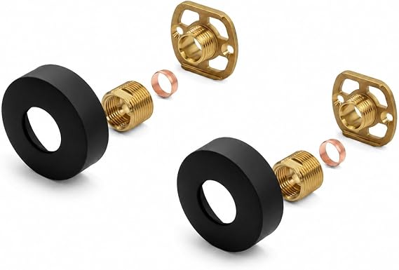 Matt Black Round Shower Mounting Kit – Bar Valve Fast Fix Brackets with 3/4” BSP Connections, 15mm Wall Mounted, Stainless Steel Cover Shrouds & Fixings