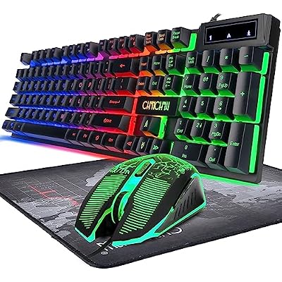 Keyboard and Mouse Gaming LED Wired Combo with Emitting Character Keyboard 4800DPI 2 Side Button USB Mouse Rainbow Backlit Mechanical Feeling Compatible with PC Raspberry Pi Mac Xbox one ps4