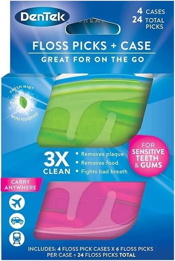 DenTek Floss Picks & Travel Case for On-the-Go, 4 Travel Cases with 6 Floss Picks Each, (Pack of 1)