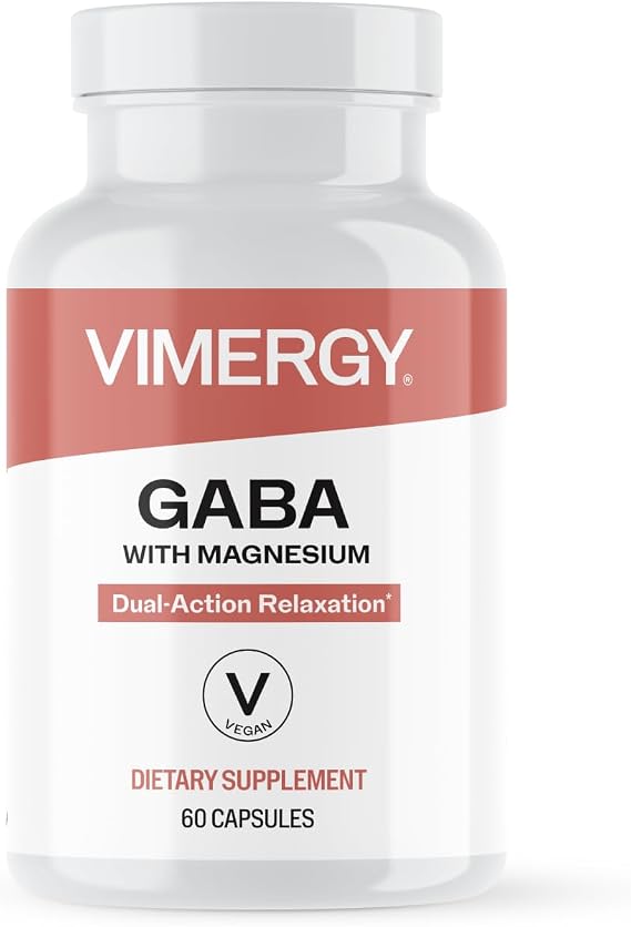 Vimergy GABA with Magnesium Supplement for Calm, 60 Capsules and Servings | Promotes Mind and Body Relaxation, Sleep, and Stress Relief*, Supports Nervous System Function*, Kosher, Vegan & Gluten-Free