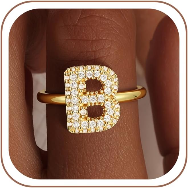 Mujahid Bubble Initial Ring Easter Basket Stuffers for Women, Fade-Proof 14k Gold Stackable Letter A-Z Rings Open Adjustable CZ Personalized Fashion Trendy Statement Jewelry