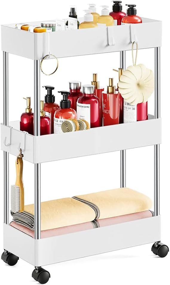 Slim Storage Trolley on Wheels Kitchen Trolleys Metal 3-Tier Trolley for Book Beauty Craft Trolleys Rolling Utility Storage Cart for Room Bathroom Office, Plastic & Stainless Steel