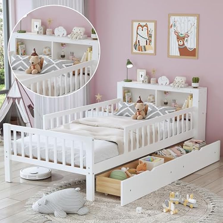 Bellemave Kids Twin Bed Frame with Storage Headboard, Wooden Platform Bed with 3 Side Guardrails and 2 Drawers, Twin Size Bed Frame, No Box Spring Needed, Low Daybed for Kids, White