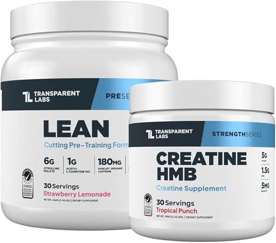 Transparent Labs Lean Pre-Workout (30 Servings, Strawberry Lemonade) & Creatine HMB (30 Servings, Tropical Punch)