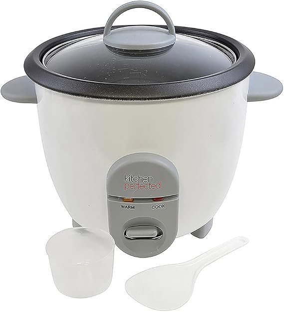 Kitchen Perfected 350W 0.8Ltr Automatic Rice Cooker - Non Stick / Removable Rice Bowl / Warm & Cook Indicators / Toughened Glass Lid / Measuring Cup / Spatula / Recipes Included - White - E3302