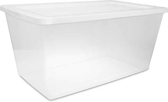 90 Quart Large Storage Bin, Clear Plastic Storage Container with Snap-On Lid, White
