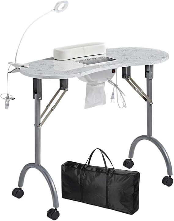 Portable Manicure Table,Nail Desk 4 Lockable with Wheels,Manicure Desk for Nail Tech with LED Light & Dust Collector
